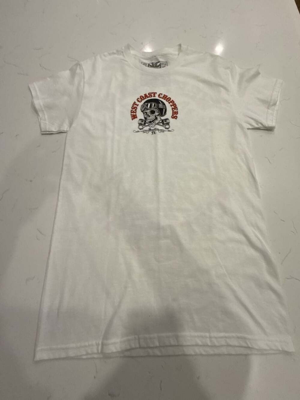 West Coast Choppers Austin TX Skull Goggles Pistons White T-Shirt Size Small